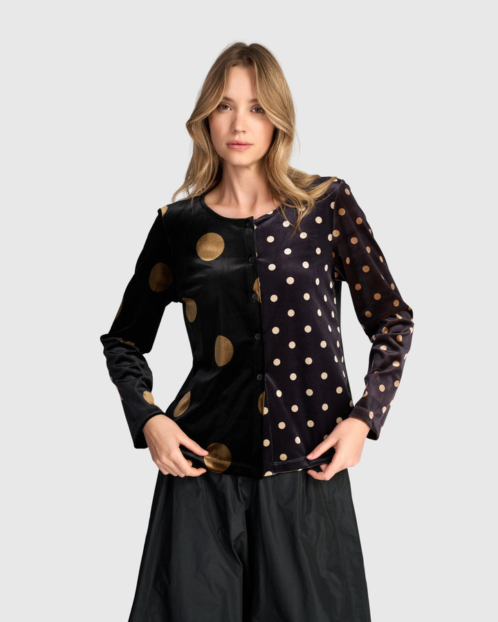 Andromeda Velvet Cardigan, Black/Gold Dot