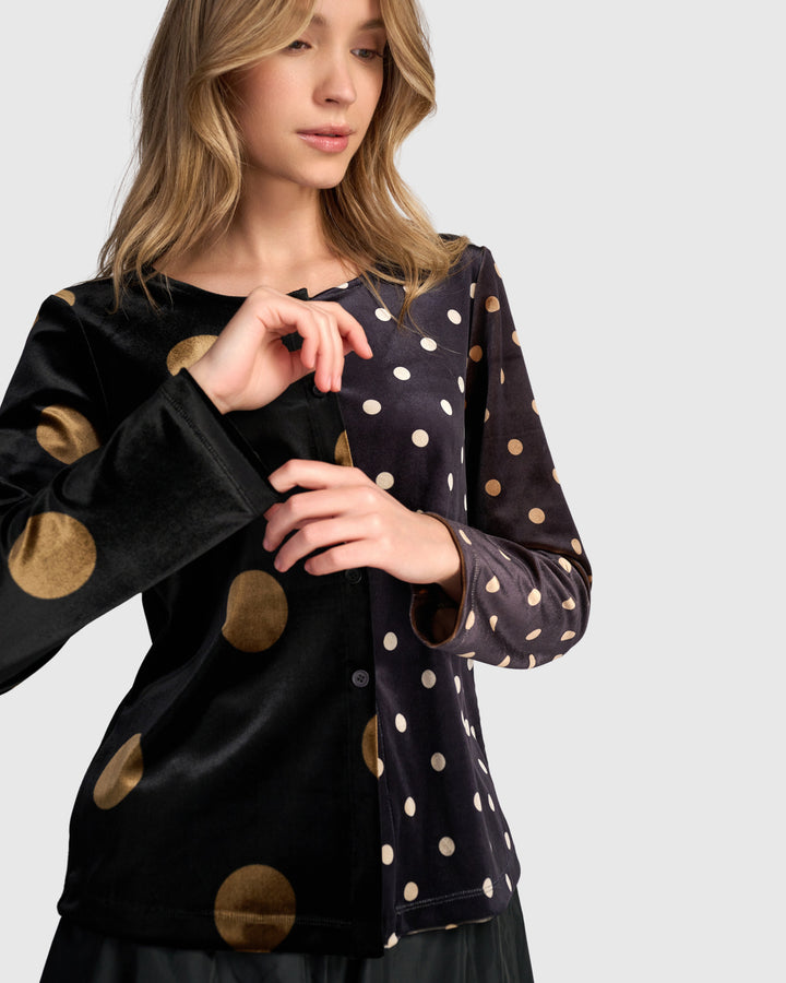 Andromeda Velvet Cardigan, Black/Gold Dot