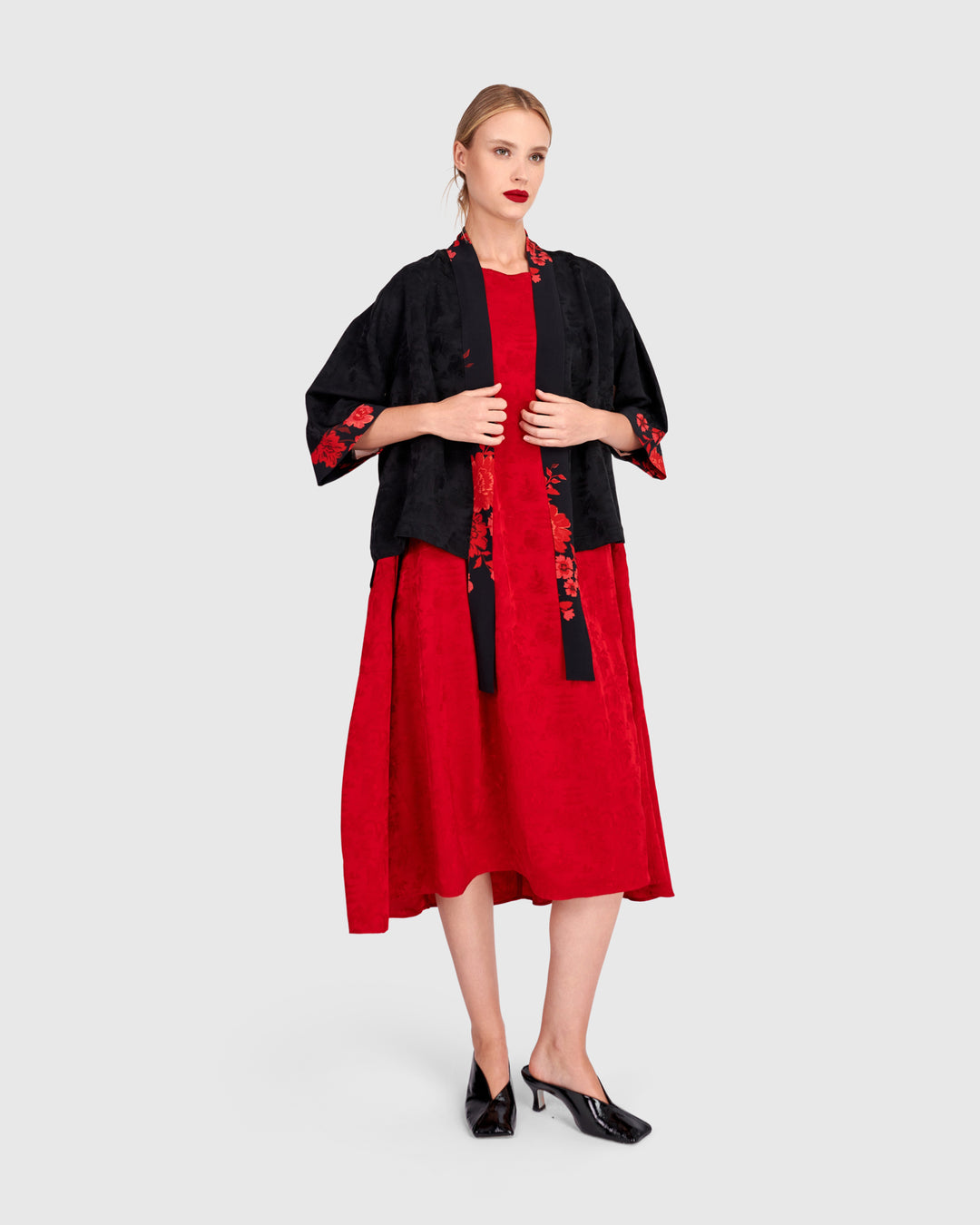 Suzu Swing Dress, Red Jacquard