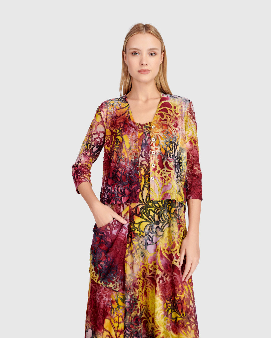 Kaleidoscope Cropped Cardigan, Raspberry/Gold