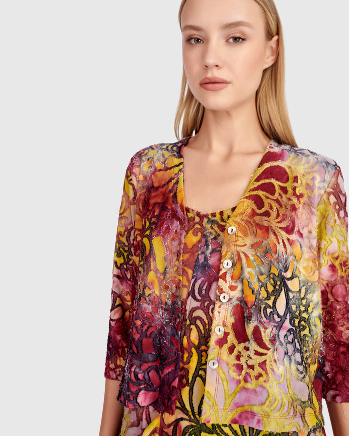 Kaleidoscope Cropped Cardigan, Raspberry/Gold