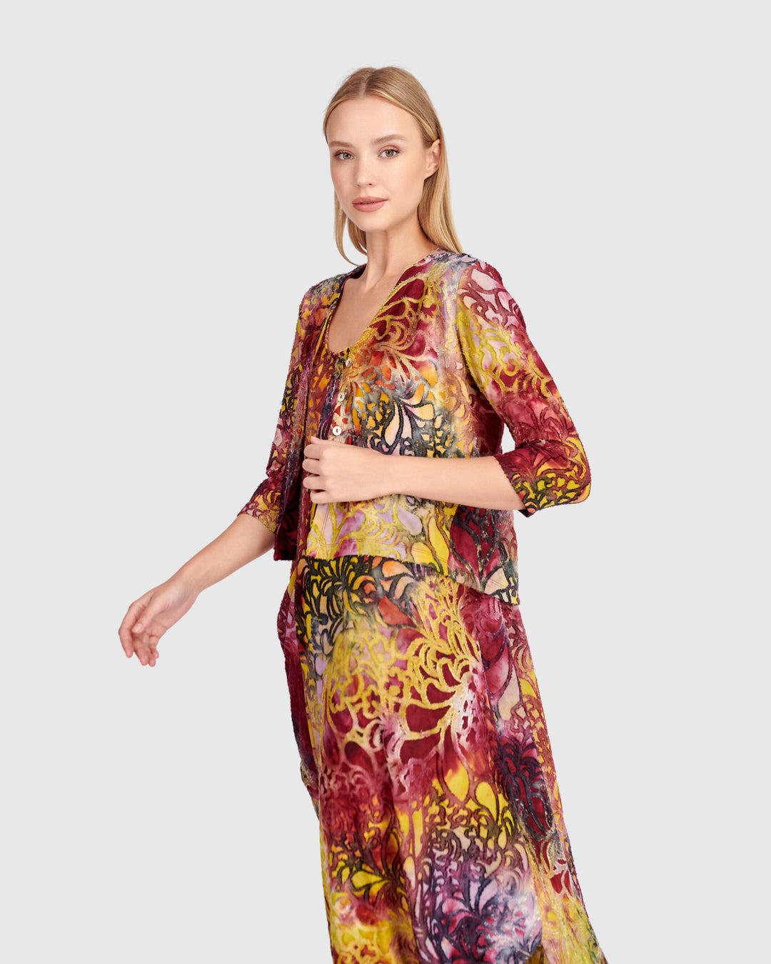 Kaleidoscope Cropped Cardigan, Raspberry/Gold