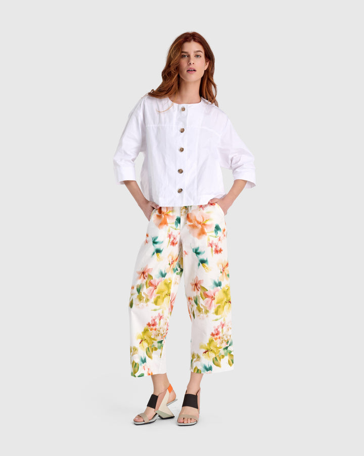 Garden Cotton Pants, White Floral