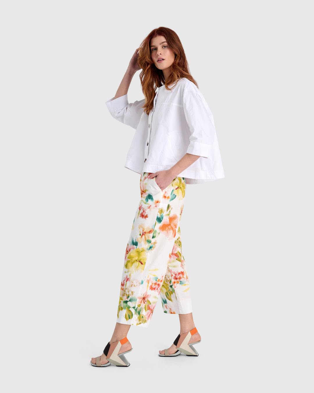 Garden Cotton Pants, White Floral