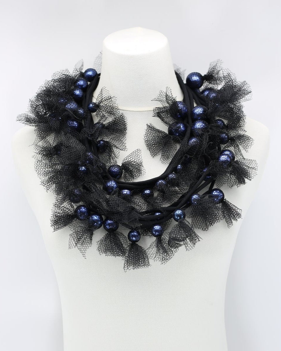 Mesh & Faux Pearls Necklace, Blue