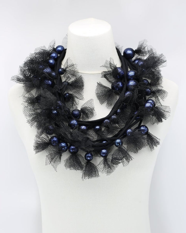 Mesh & Faux Pearls Necklace, Blue