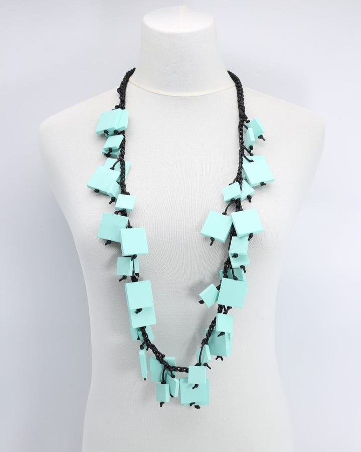 Dancing Wooden Squares Necklace, Turquoise