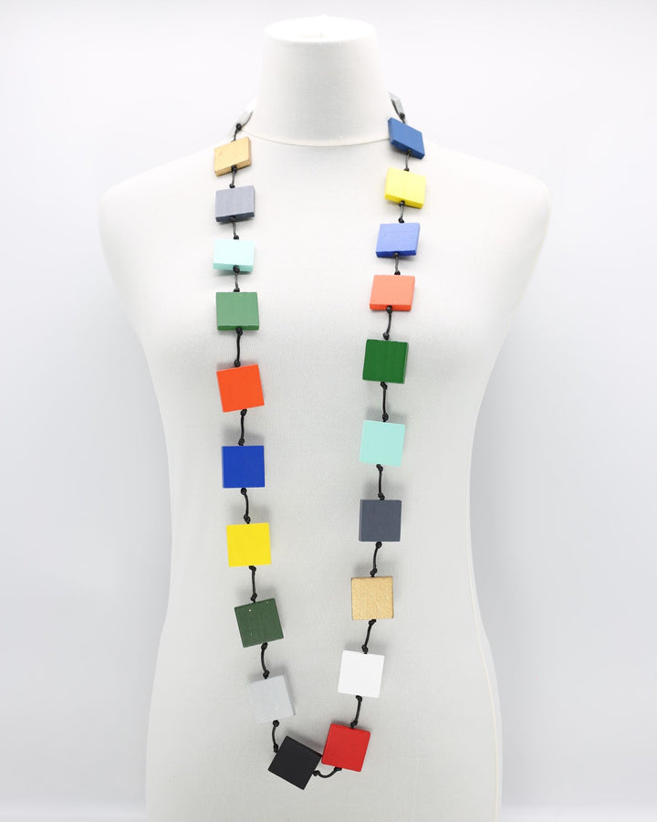 Recycled Wood Square Beads Necklace, Multicolor