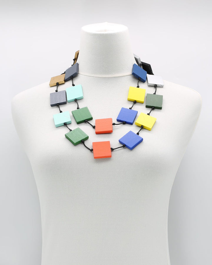 Recycled Wood Square Beads Necklace, Multicolor