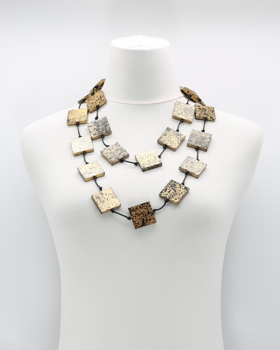 Recycled Wood Square Beads Necklace, Gold/Black