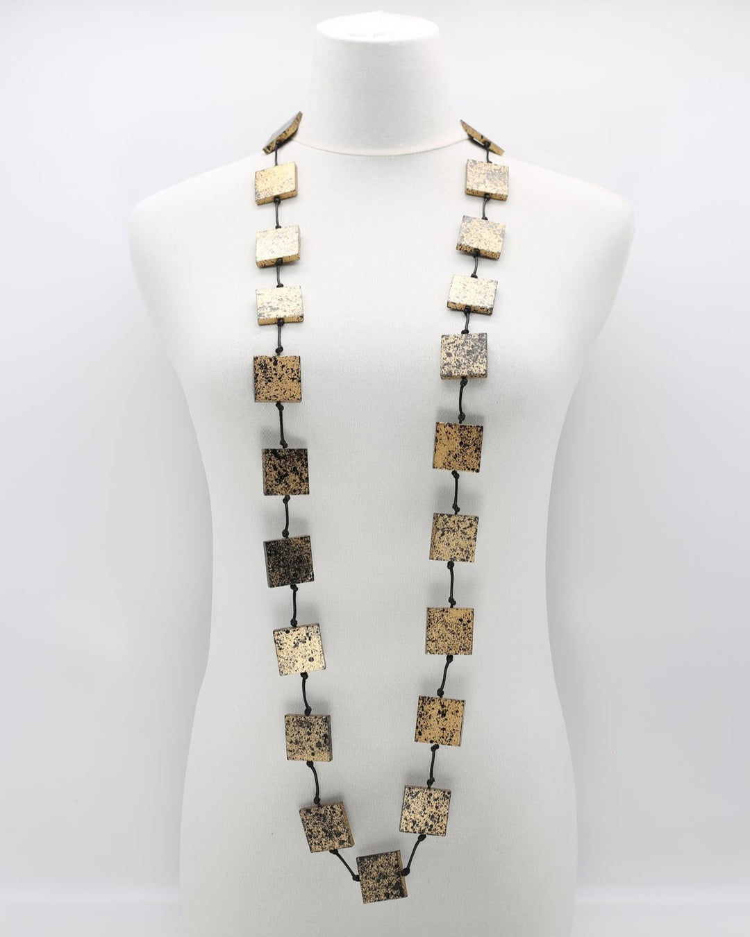 Recycled Wood Square Beads Necklace, Gold/Black