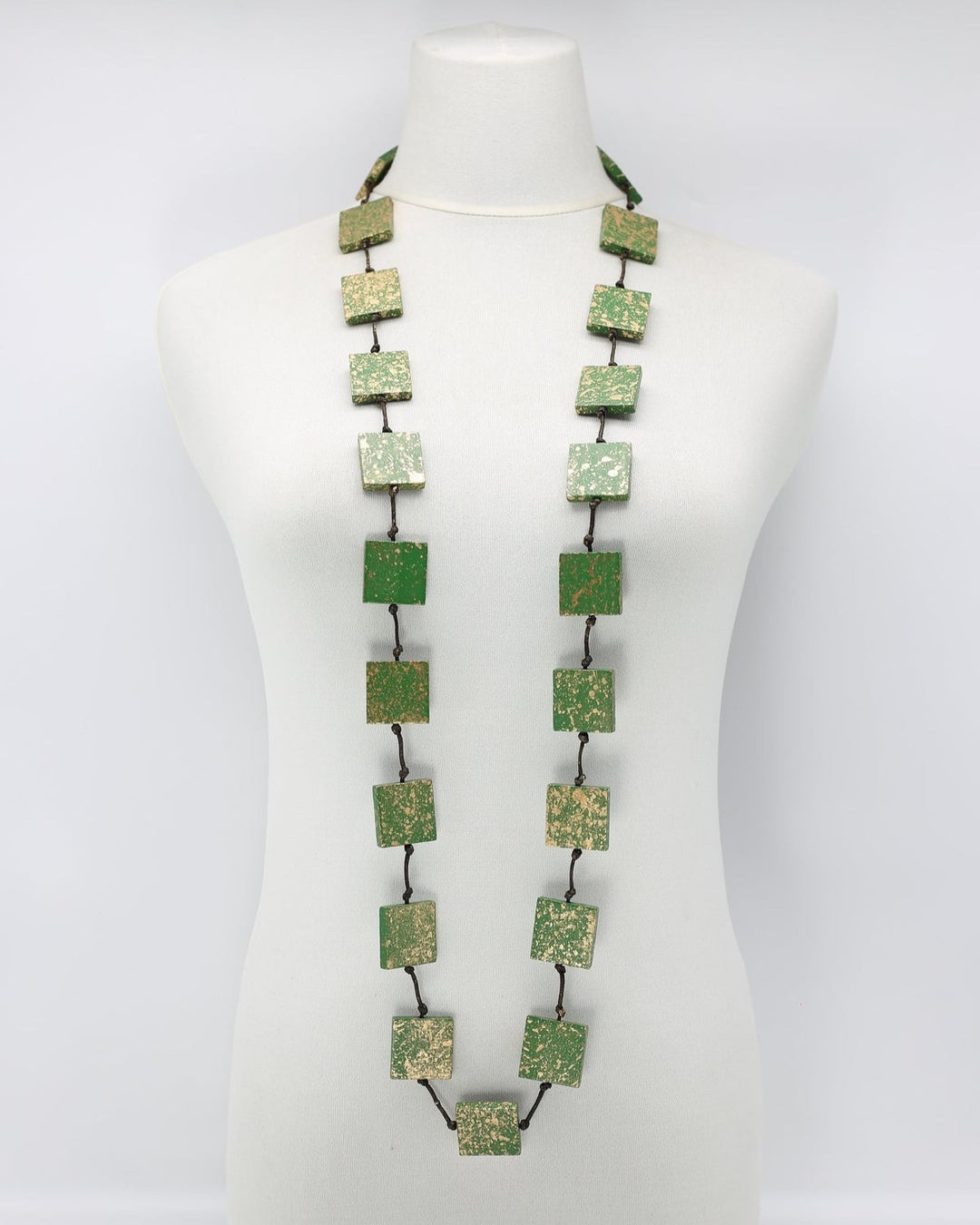 Recycled Wood Squares Necklace, Green/Gold