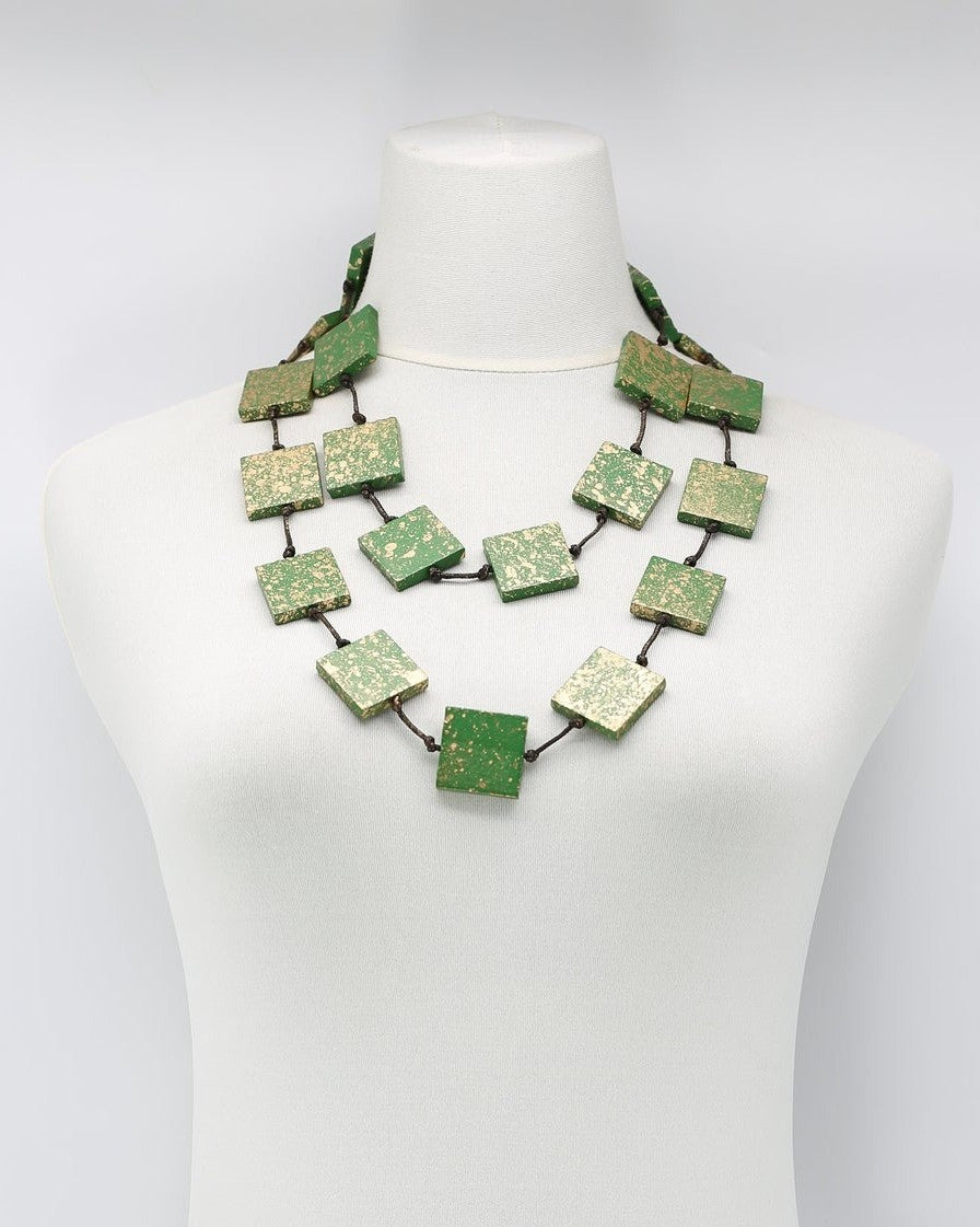 Recycled Wood Squares Necklace, Green/Gold