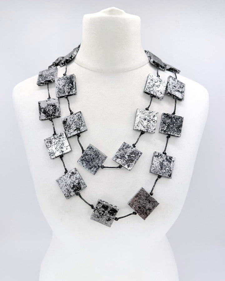 Gilded Wood Squares Necklace, Silver/Black