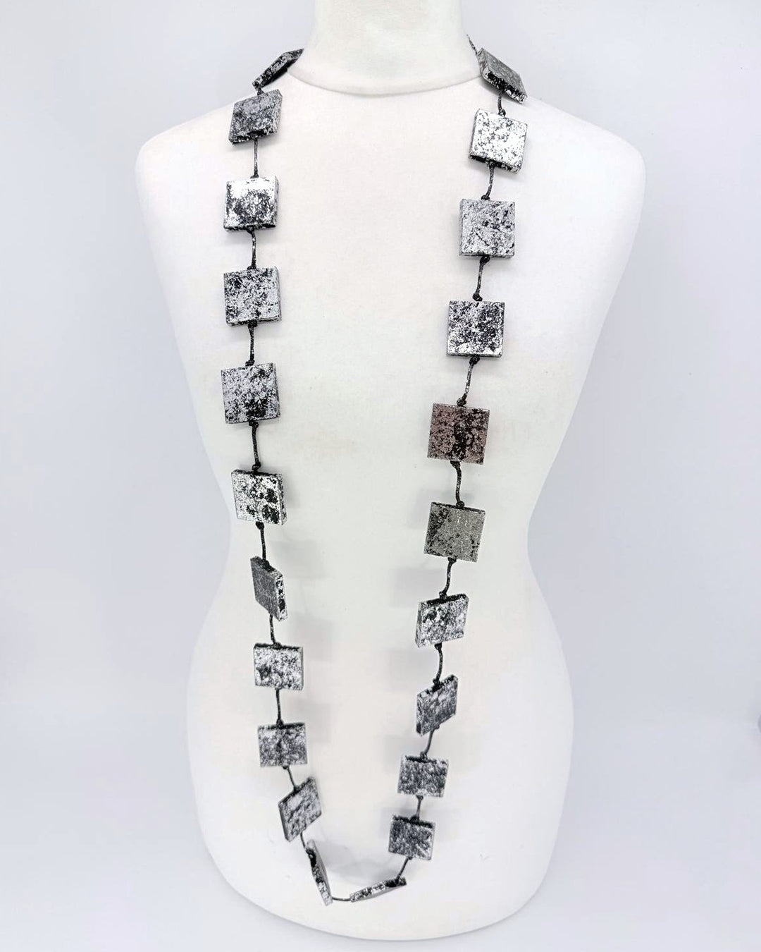 Gilded Wood Squares Necklace, Silver/Black