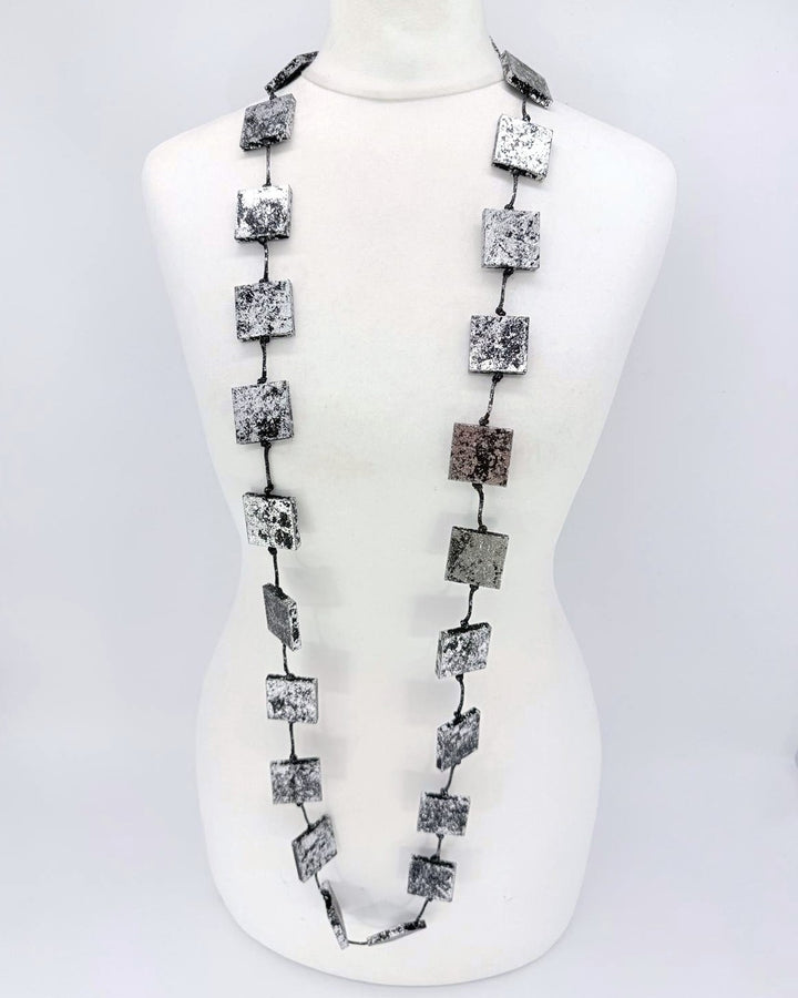 Gilded Wood Squares Necklace, Silver/Black