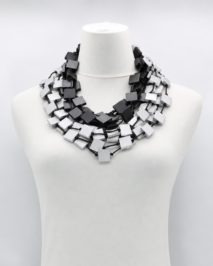Multi Recycled Wood Squares Necklace, Silver/Black