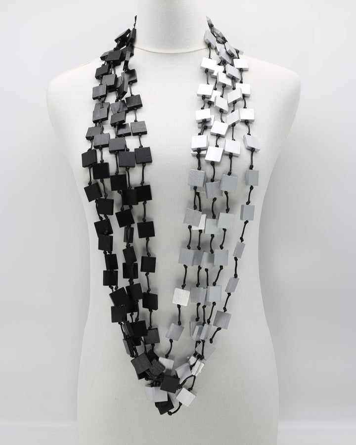 Multi Recycled Wood Squares Necklace, Silver/Black