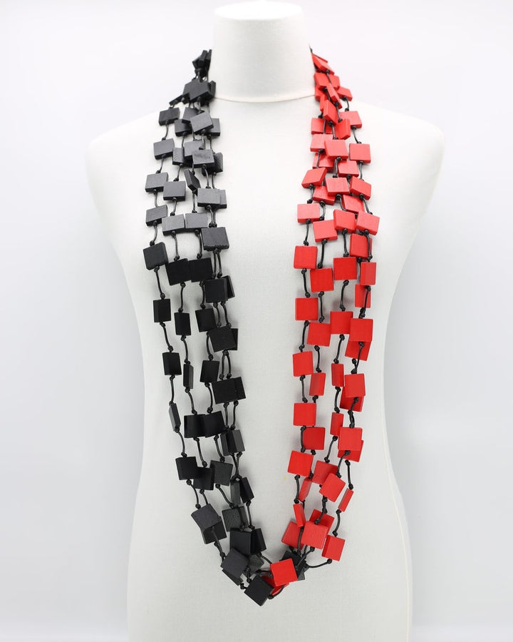 Multi Recycled Wood Squares Necklace, Red/Black