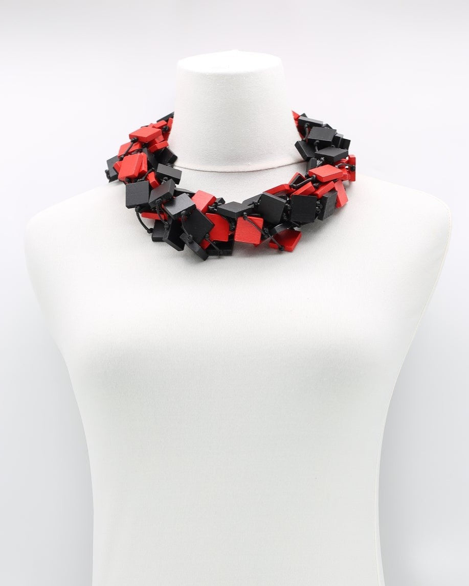 Multi Recycled Wood Squares Necklace, Red/Black