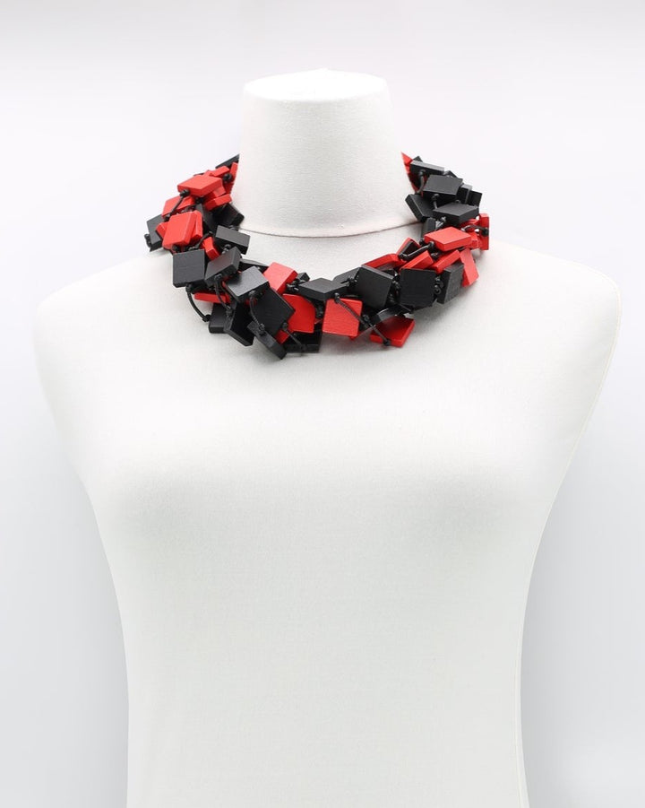 Multi Recycled Wood Squares Necklace, Red/Black