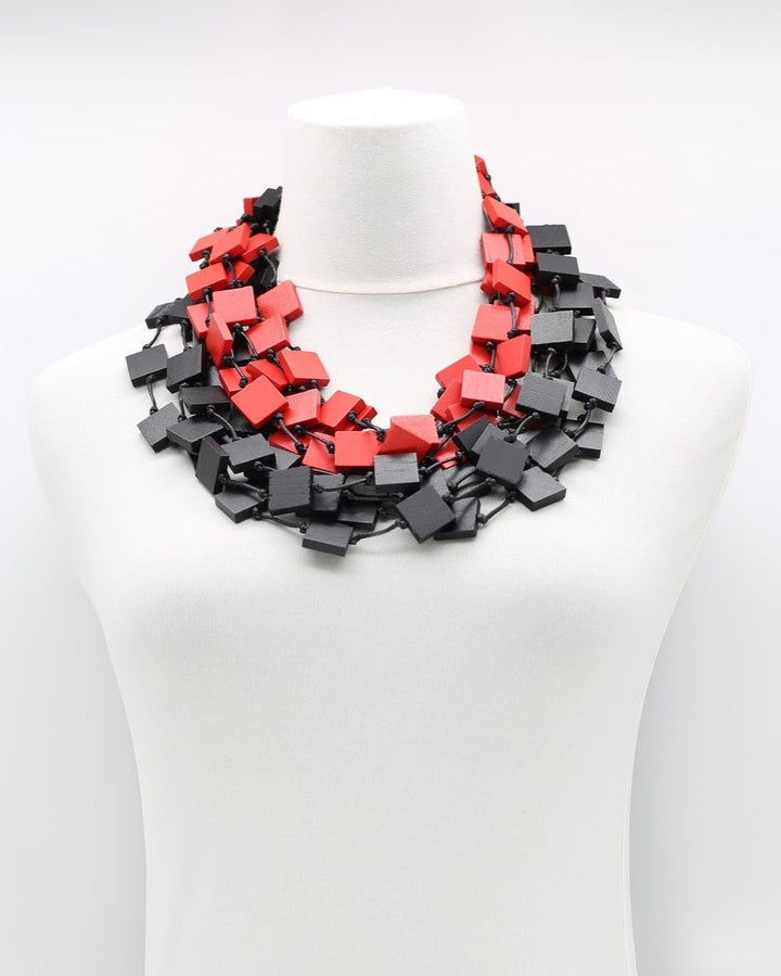 Multi Recycled Wood Squares Necklace, Red/Black