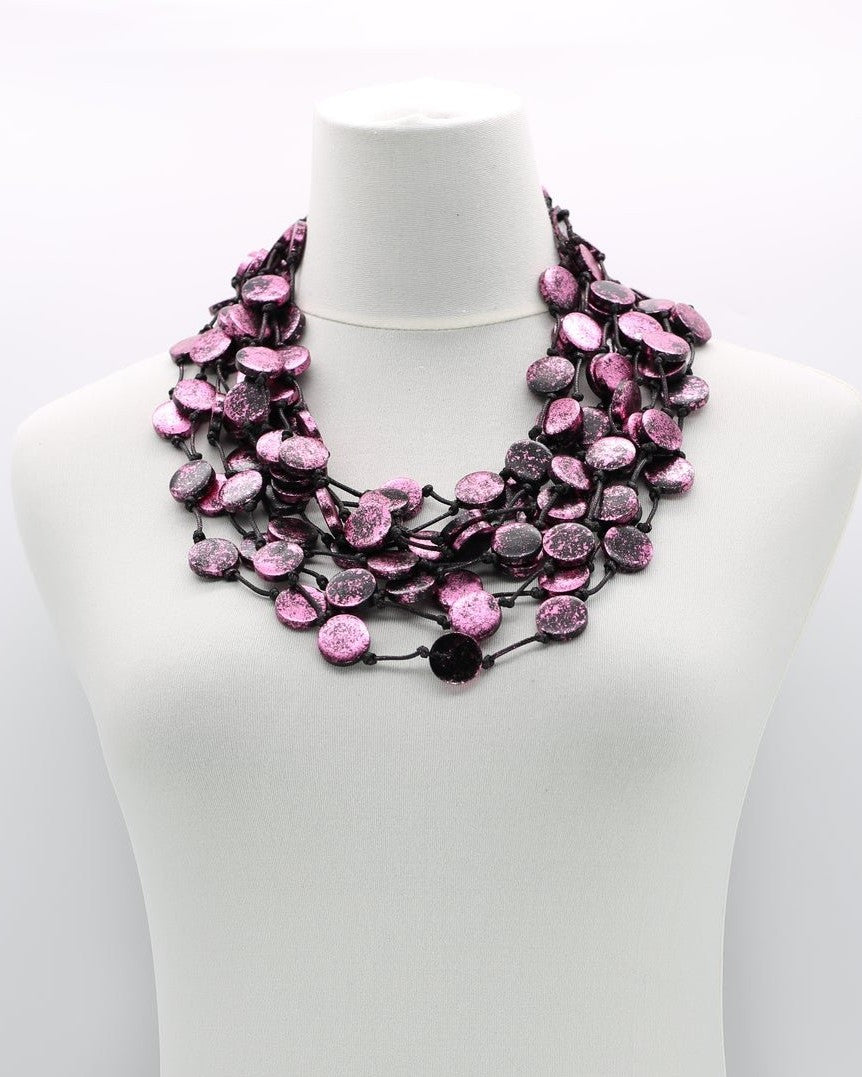 Metallic Coin Strands Necklace, Pink/Black