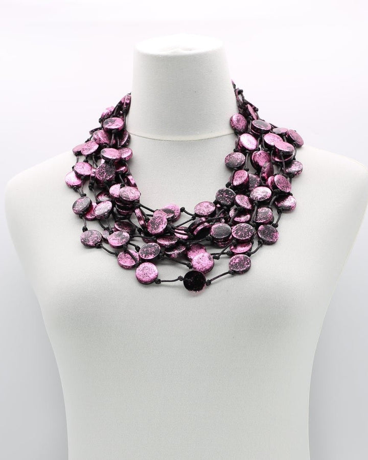 Metallic Coin Strands Necklace, Pink/Black