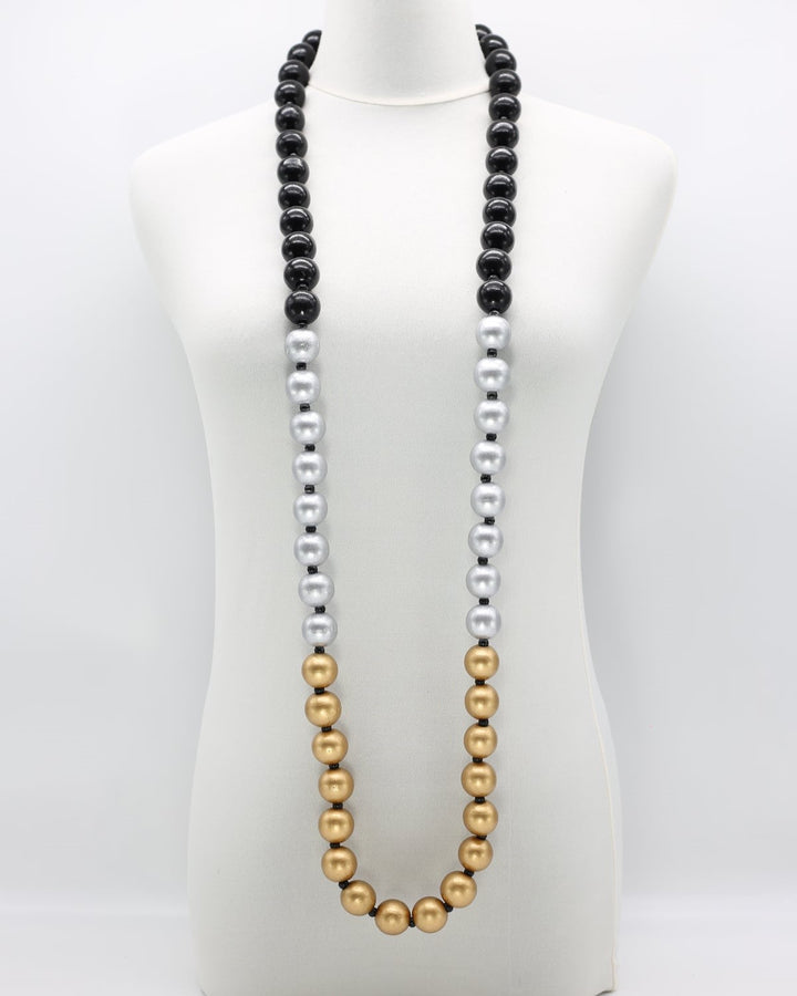 Tricolor Big Bead Necklace, Black/Silver/Gold