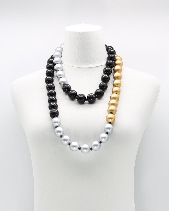 Tricolor Big Bead Necklace, Black/Silver/Gold