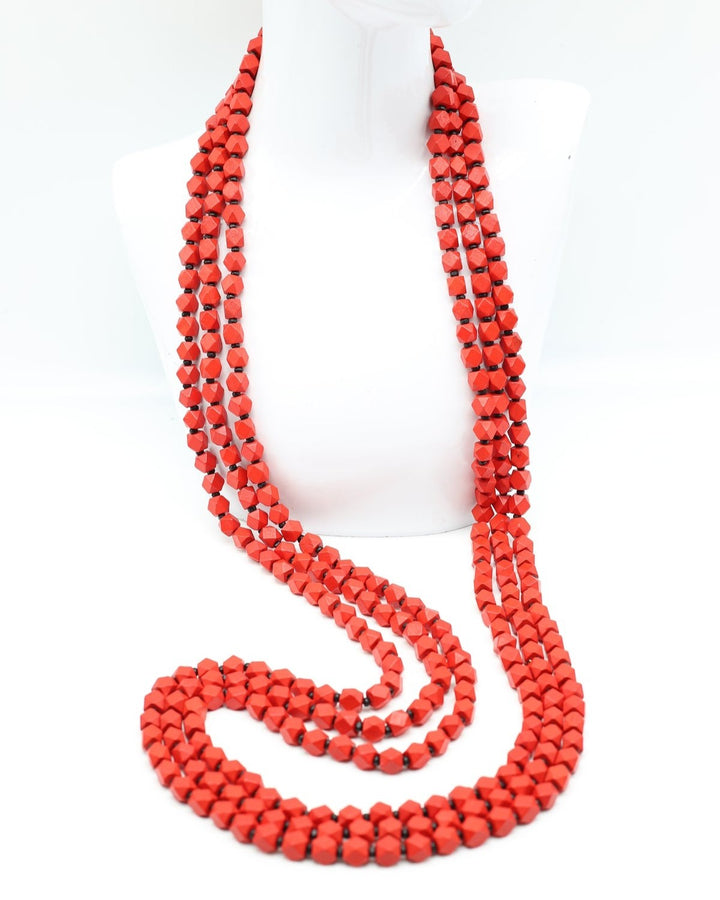 Faceted Wooden Beads Necklace Set, Red