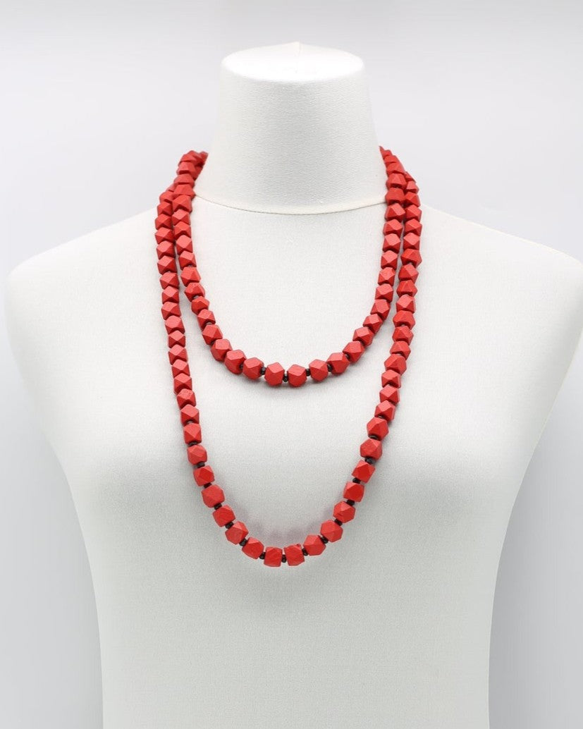 Faceted Wooden Beads Necklace Set, Red