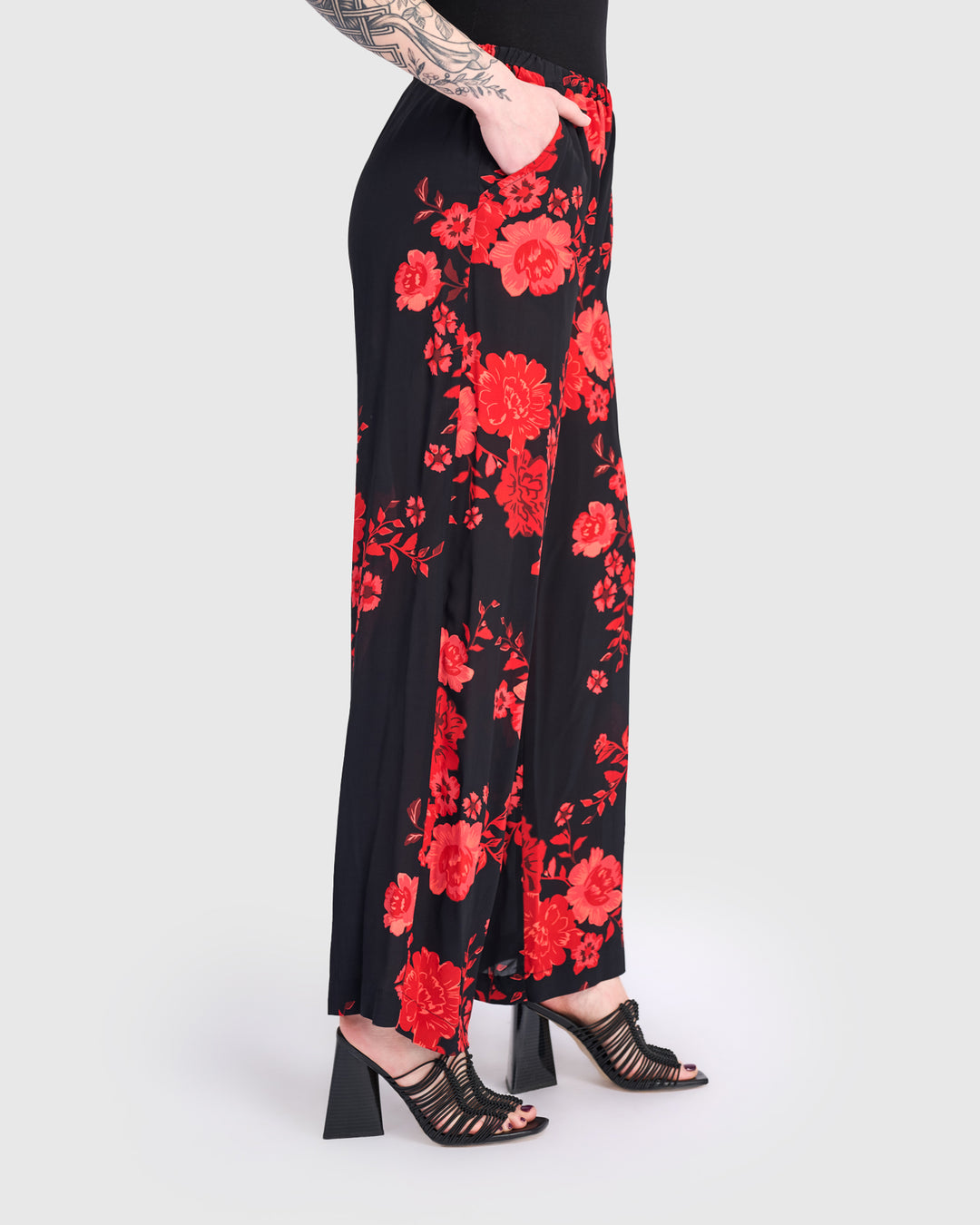 Anko Straight Pants, Black/Red Peony