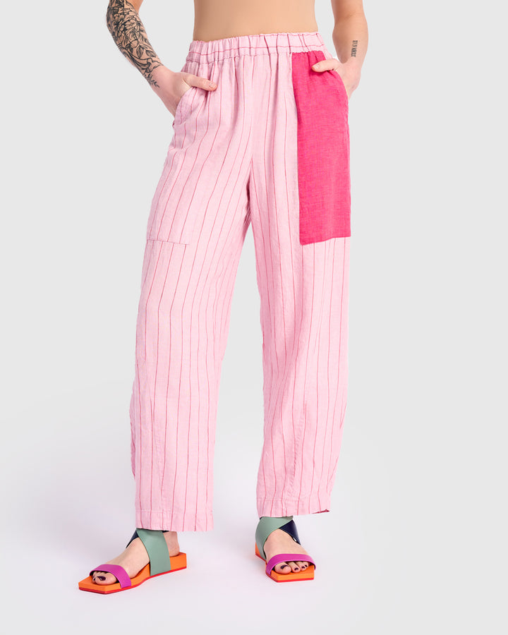 Linen Vacation Pants, Pink Stripe