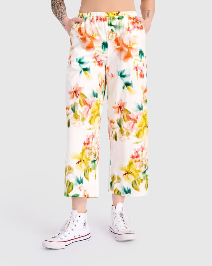 Garden Cotton Pants, White Floral