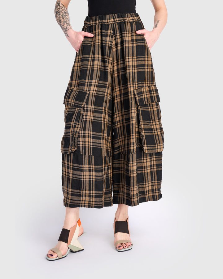 Linen Wide Cargo Pants, Sepia Plaid