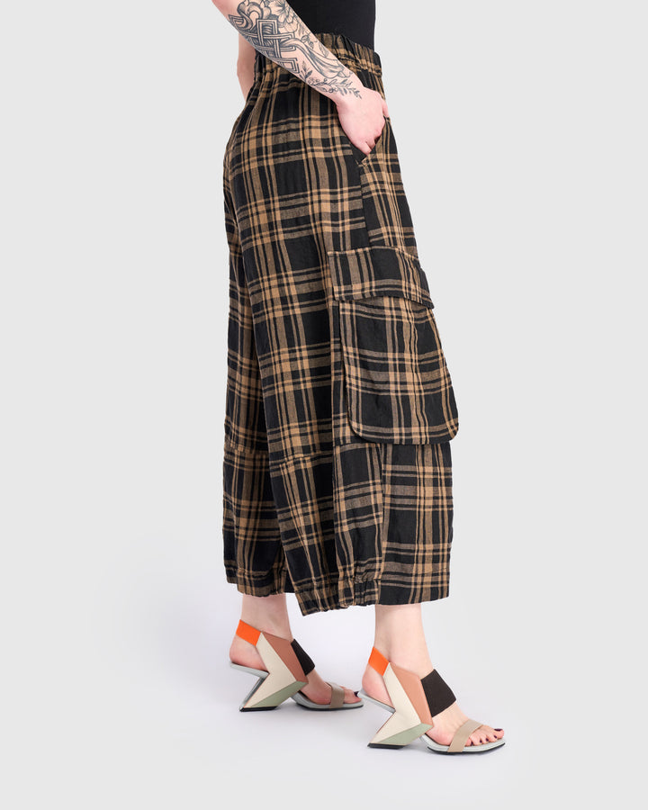 Linen Wide Cargo Pants, Sepia Plaid