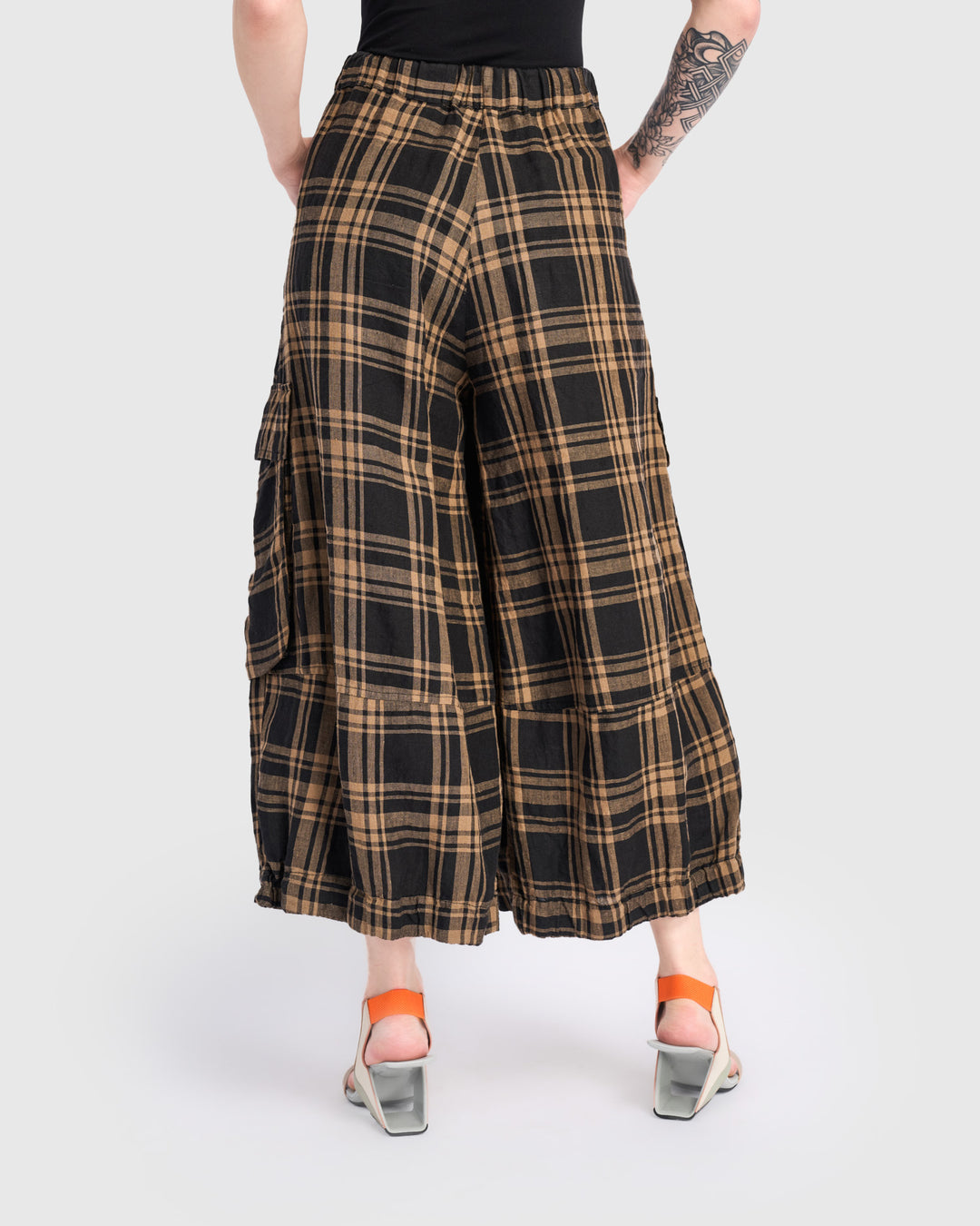 Linen Wide Cargo Pants, Sepia Plaid
