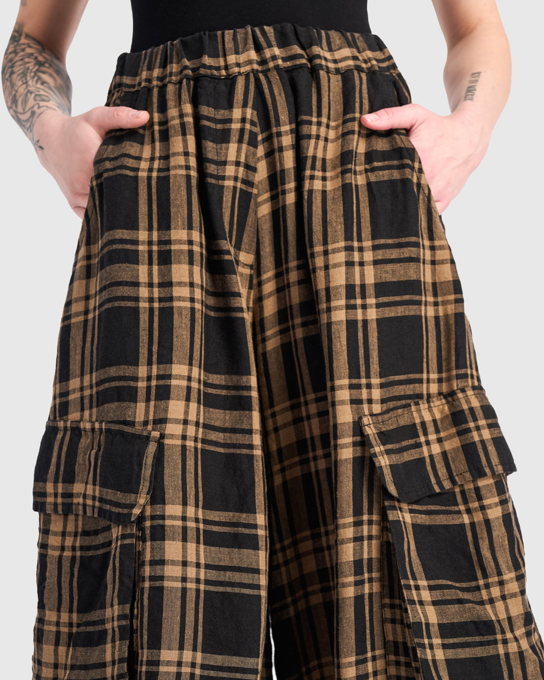 Linen Wide Cargo Pants, Sepia Plaid