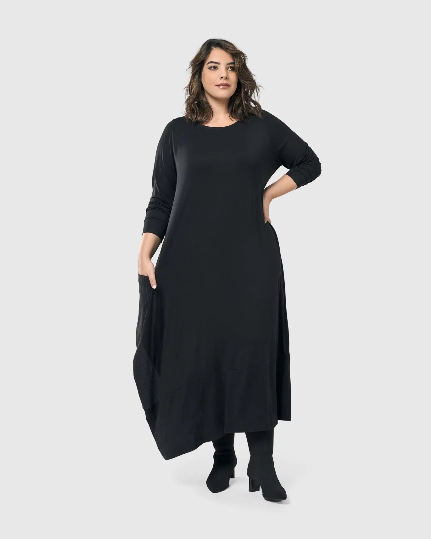 【AMERI】美品 KNIT DOCKING VOLUME DRESS 黒 M Ameri（アメリ）の「KNIT DOCKING VOLUME DRESS（ワンピース