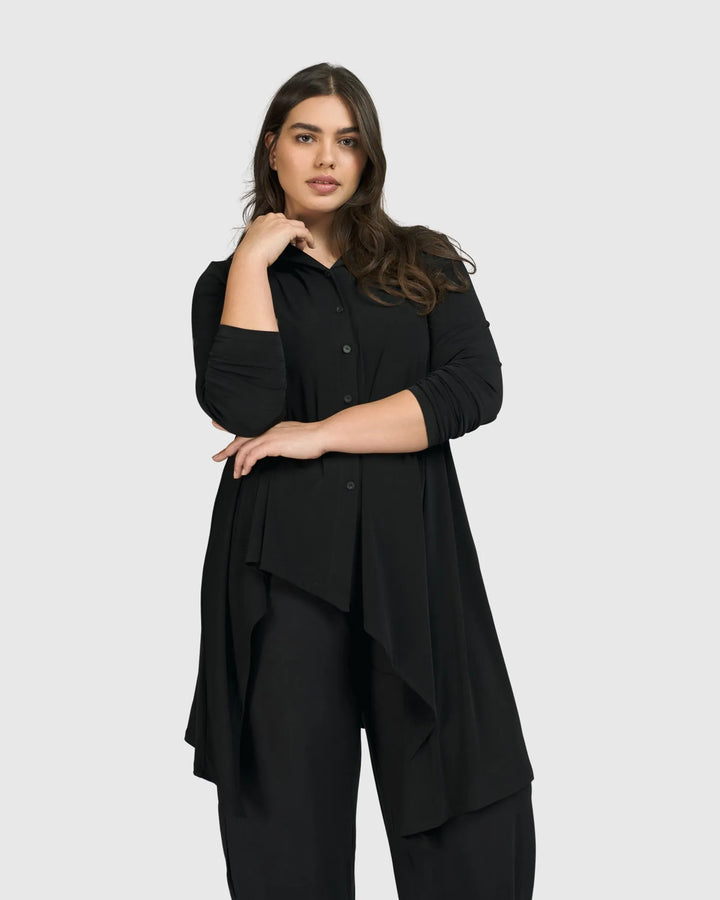 Essential Hi-Lo Button Down Top, Black