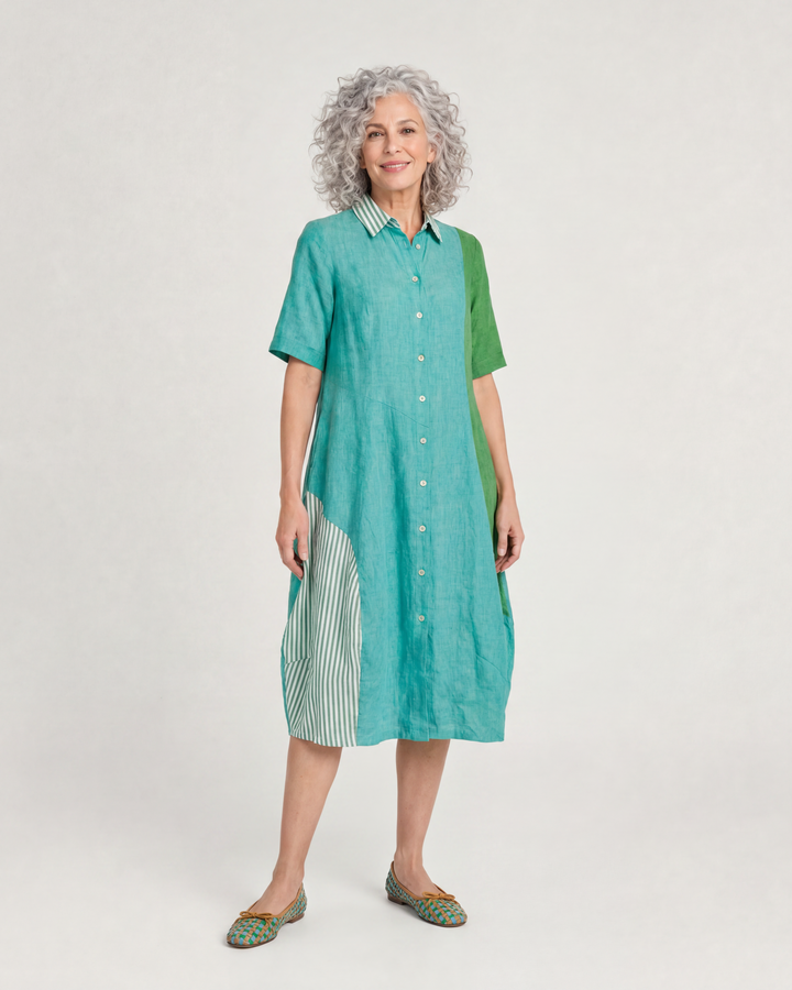 Barb Linen Shirtdress, Teal Mix