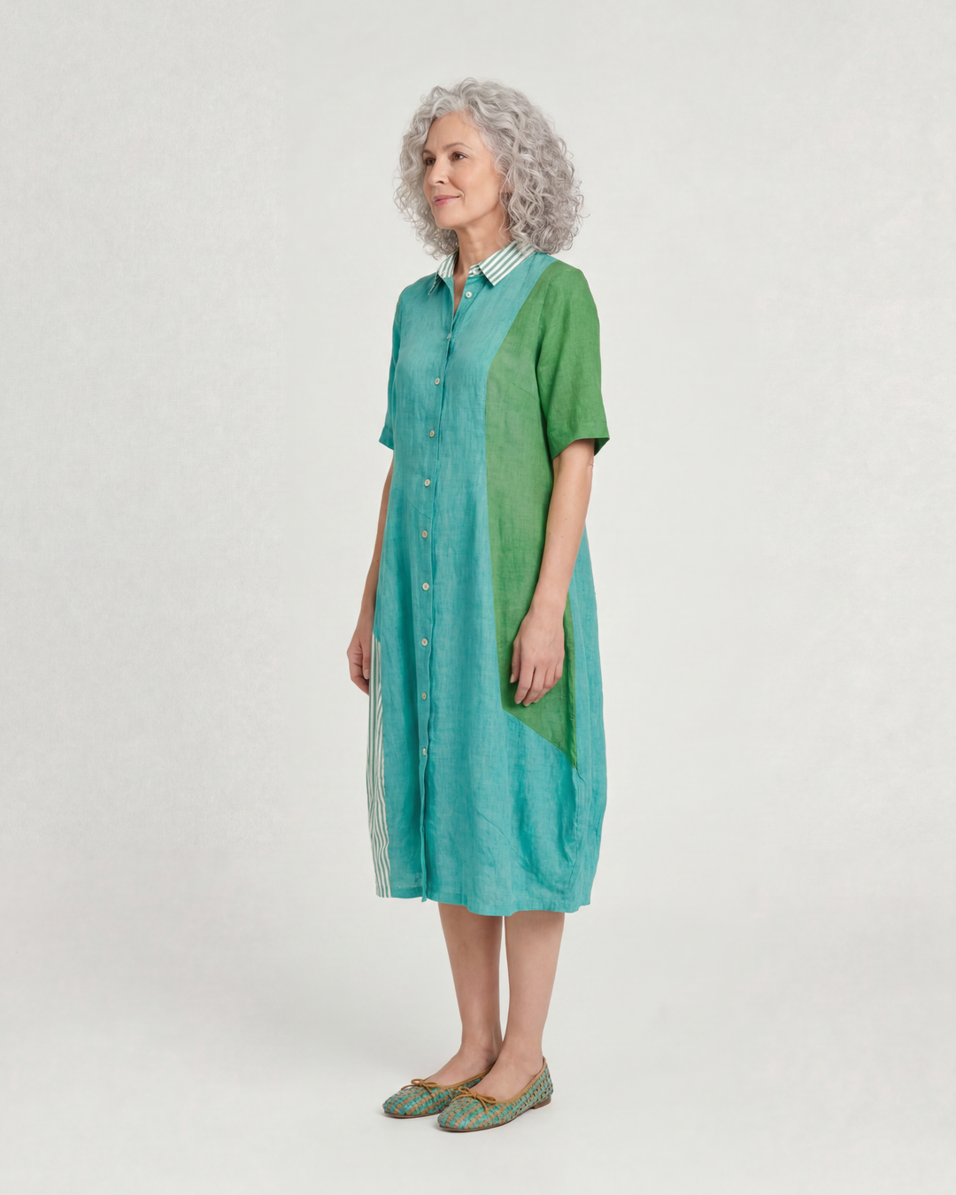 Barb Linen Shirtdress, Teal Mix