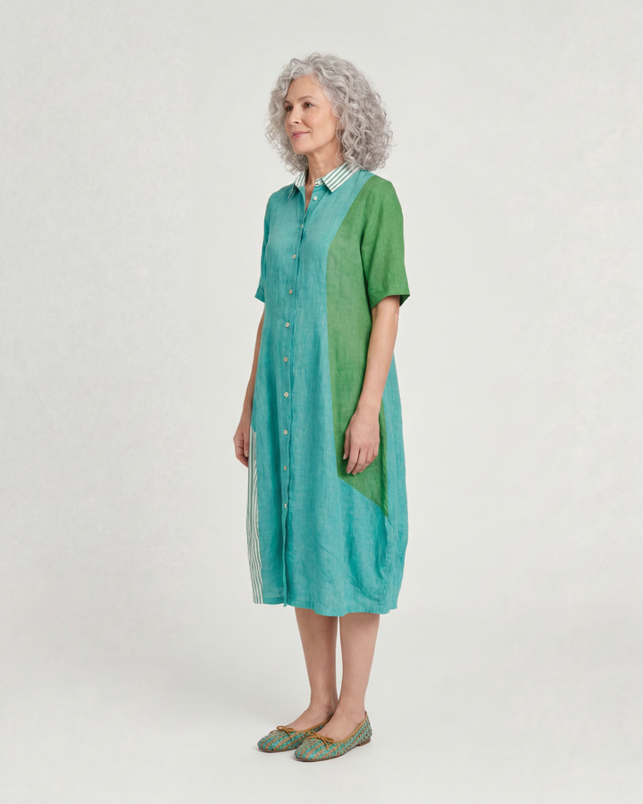Barb Linen Shirtdress, Teal Mix