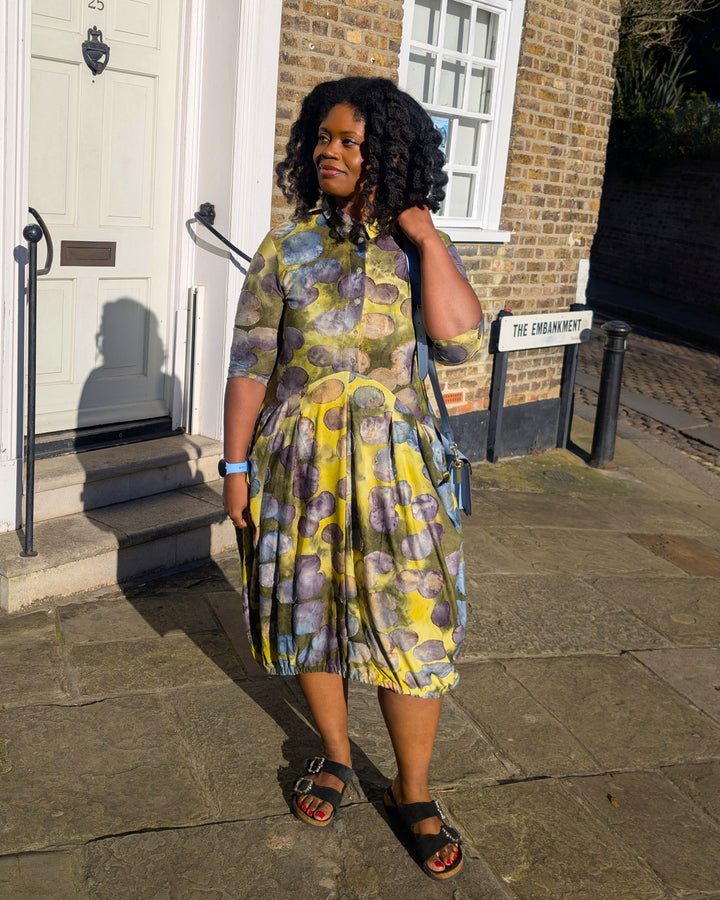 Meadowlark Draped Pockets Dress, Gold/Ocean Dots