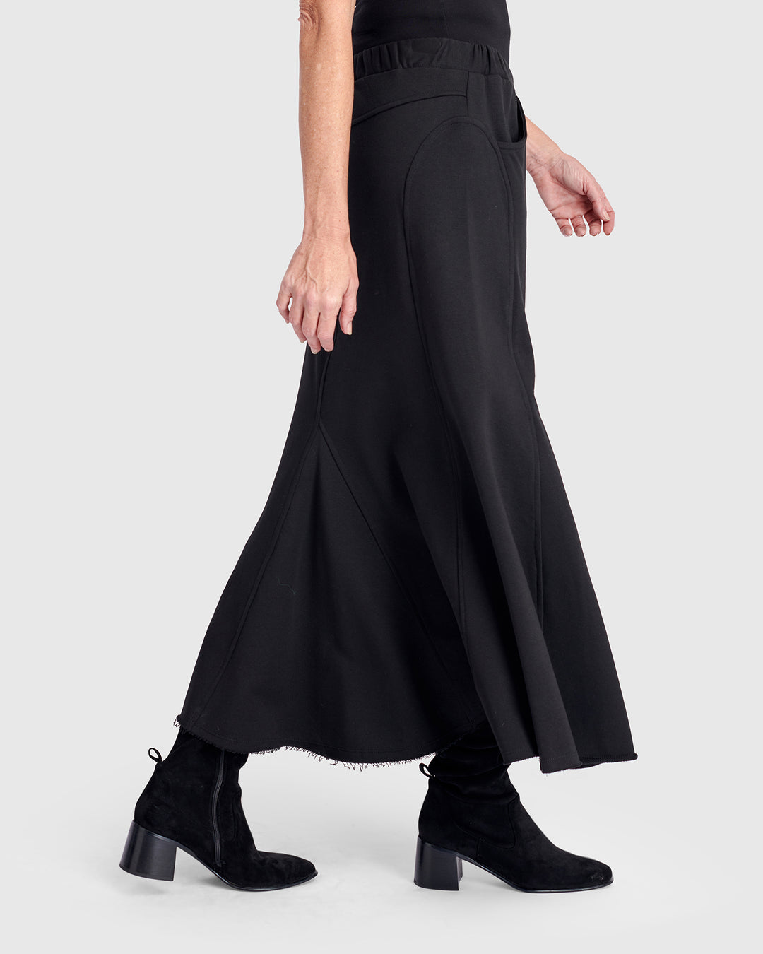 Terry Pieced Maxi Skirt, Black