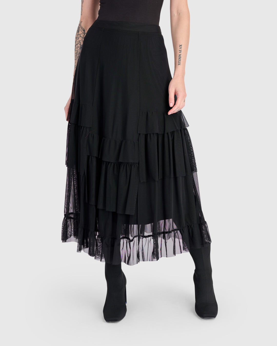 Samba Tiered Mesh Skirt, Black