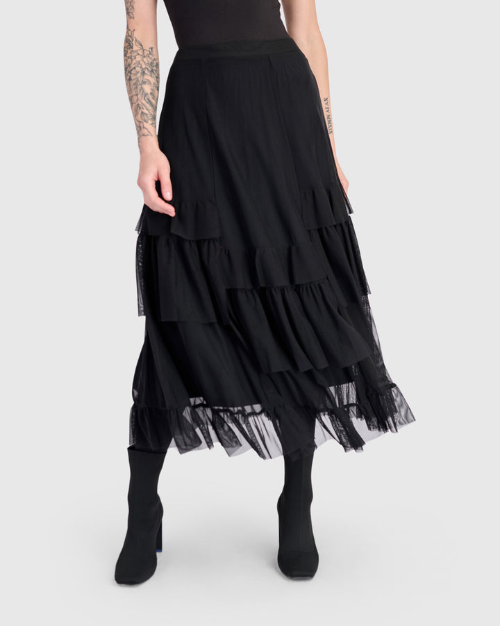 Samba Tiered Mesh Skirt, Black