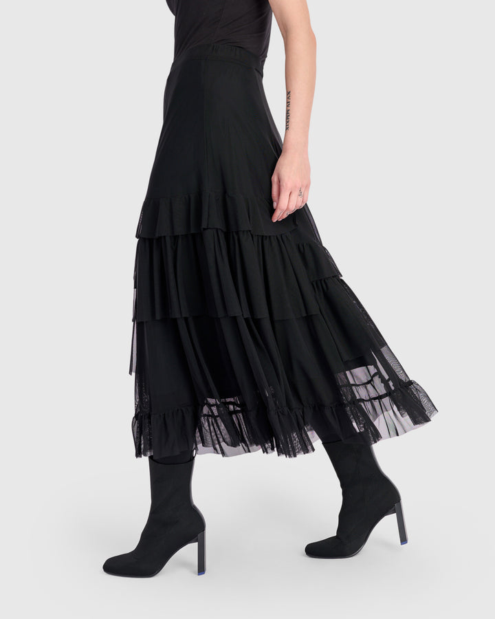 Samba Tiered Mesh Skirt, Black