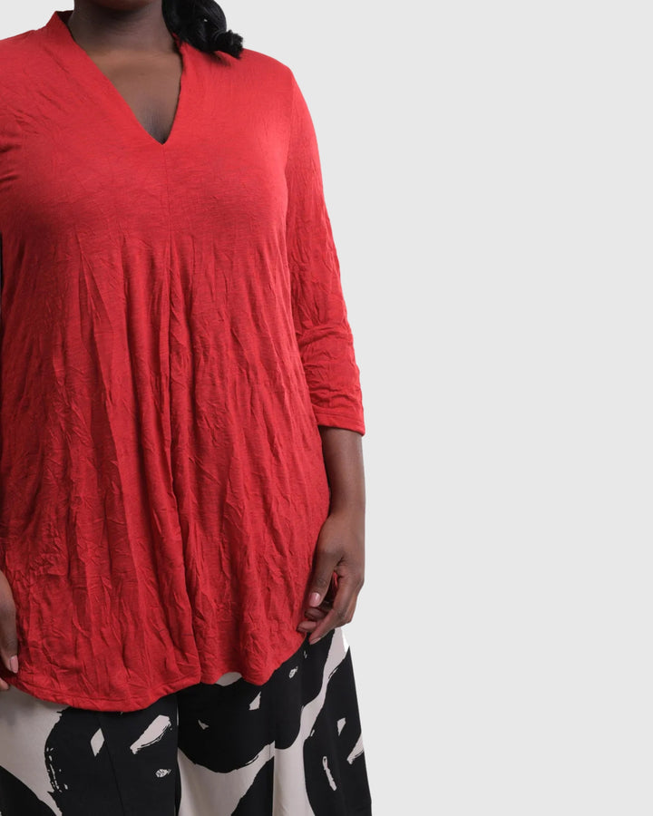 Perfect Crinkle V-Neck Top, Red